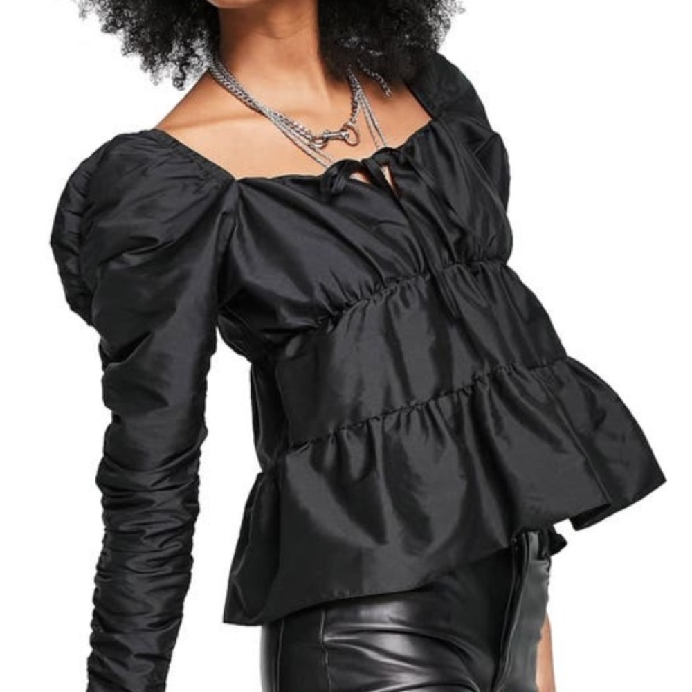 Topshop Black Taffetta Ruched Ruffle Top